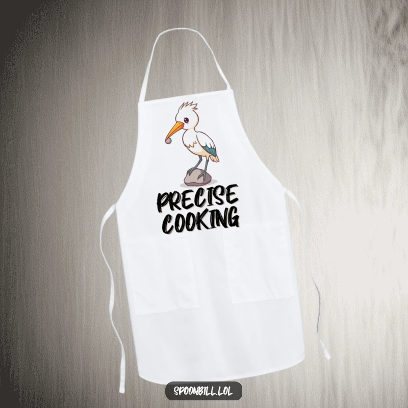 Funny determined spoonbill bird balancing a small, round stone on its beak, apron for a unique cooking gift.