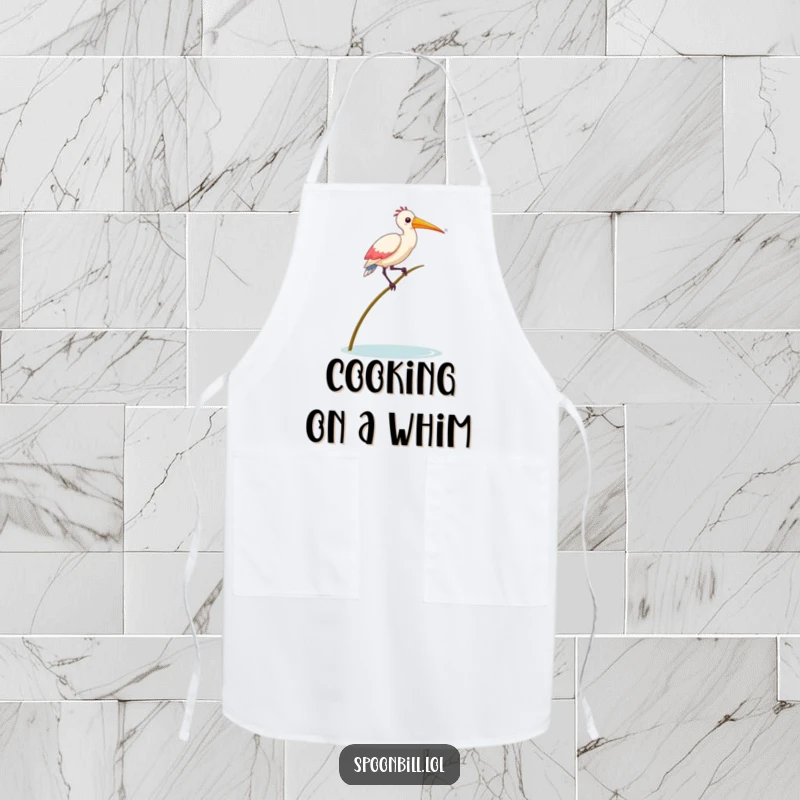Funny Balancing Spoonbill Bird Apron showing a spoonbill bird comically trying to balance, adding humor and protection to kitchen activities.
