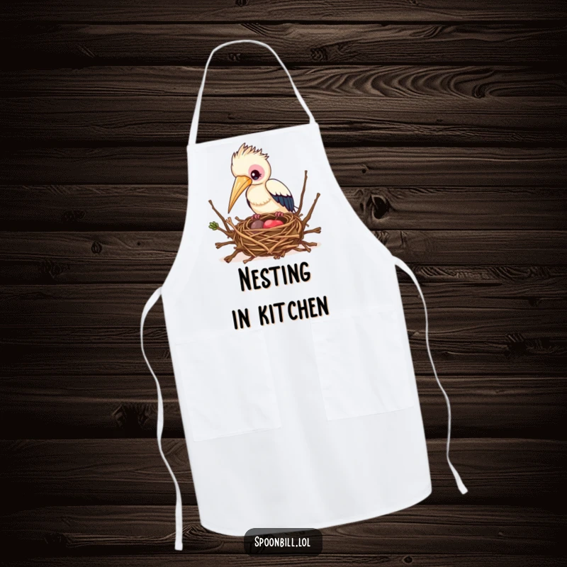 Funny Busy Spoonbill Bird Apron showing a spoonbill bird busy building a nest, perfect for protecting clothes with a humorous, hardworking spirit.