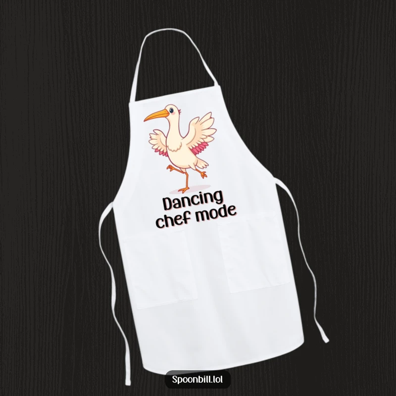 Funny Dancing Spoonbill Bird Apron showing a spoonbill bird in a lively dance pose, adding humor to kitchen tasks.