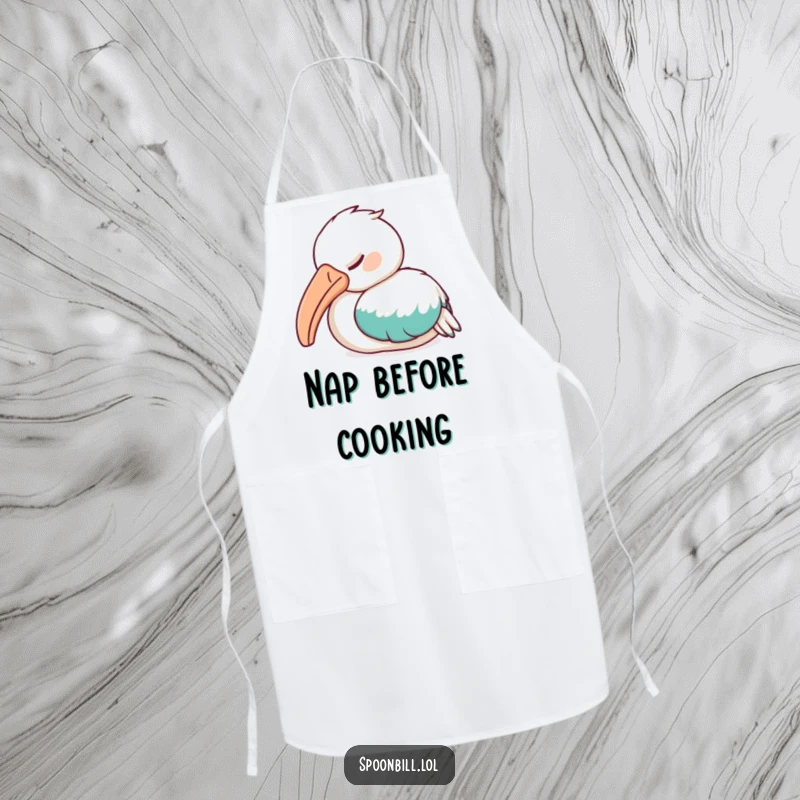 Funny Sleepy Spoonbill Bird Apron depicting a spoonbill bird enjoying a nap, adding a humorous and relaxed touch to kitchen attire.