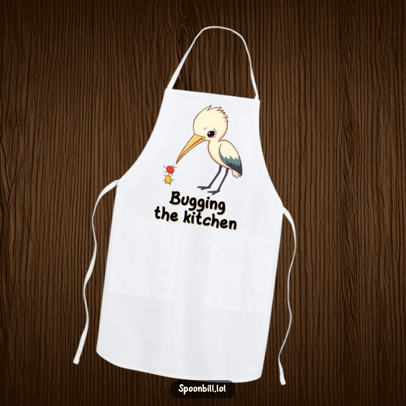 Funny Spoonbill Apron: A curious creature with beak slightly ajar observes a small insect, adding humorous focus to kitchen tasks.