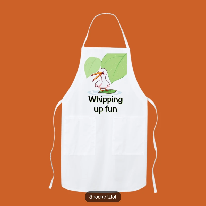 Funny Spoonbill Leaf Apron: Chef Bird Tapping Leaf, Kitchen Whimsy