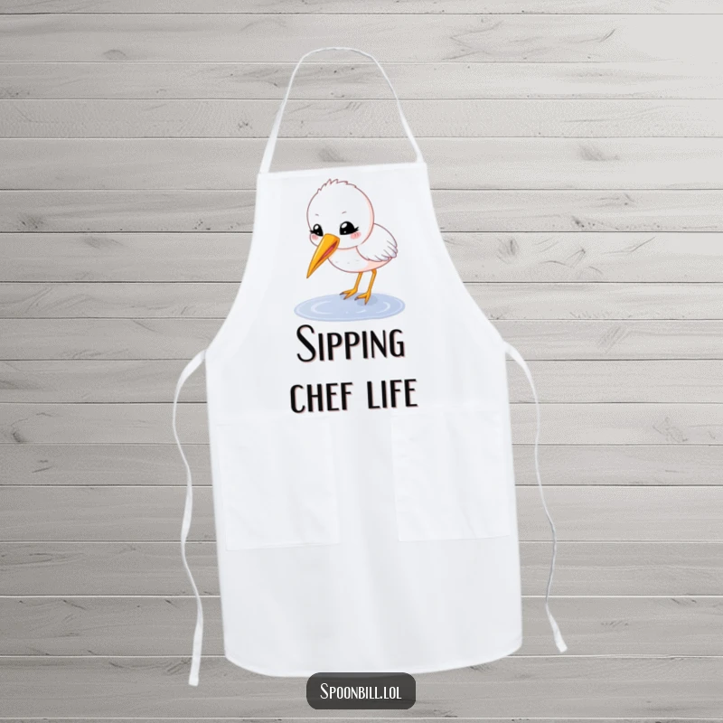 Funny spoonbill chick apron with a happy, round character with beak open delicately sipping from a puddle, a humorous and practical kitchen accessory.