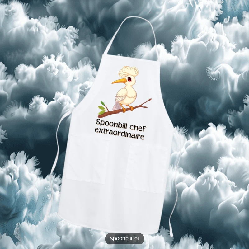 Funny apron featuring a whimsical spoonbill bird with curly feathers, humorously balancing on a twig. Ideal for chefs who love a laugh while cooking.