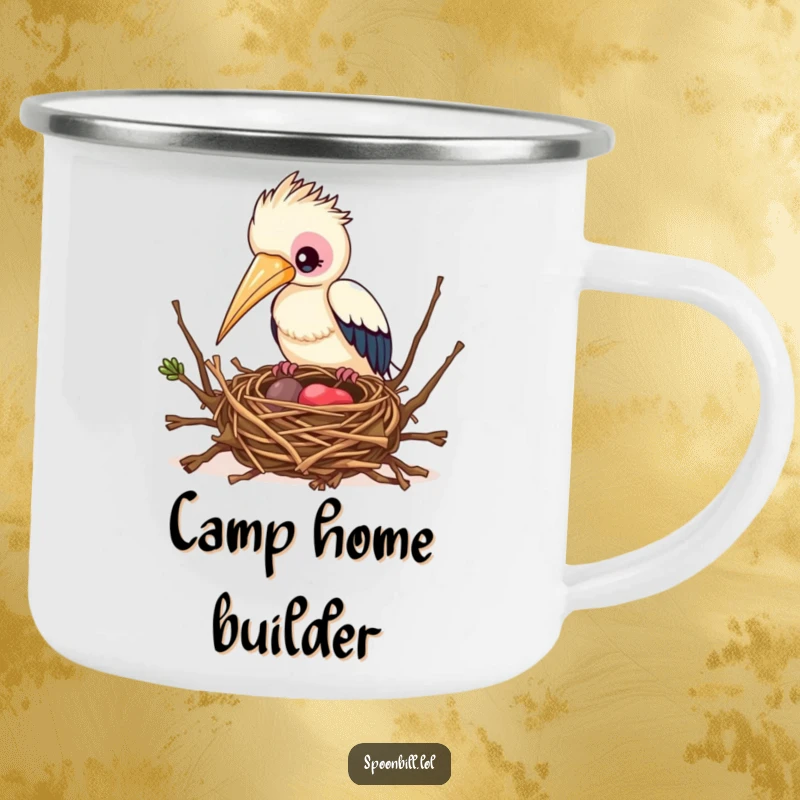 Funny Busy Spoonbill Bird Camping Mug showing a spoonbill bird building a nest, perfect for fueling productive outdoor work and adventures.