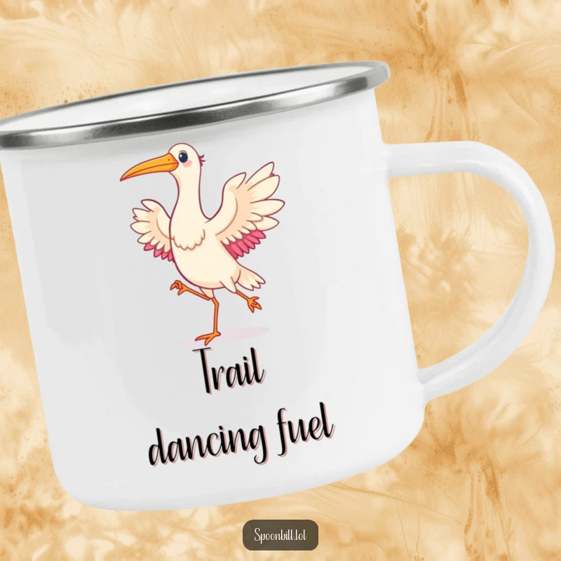 Funny Dancing Spoonbill Bird Camping Mug with a joyful spoonbill bird dancing, perfect for outdoor adventures and cheerful mornings.