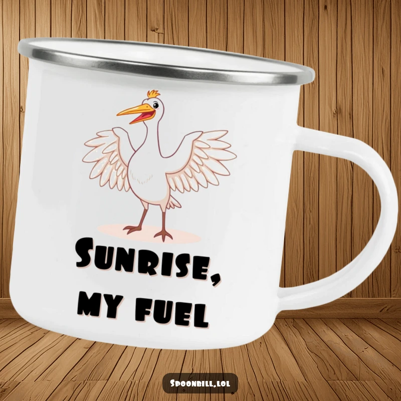 Funny camping mug featuring a happy spoonbill bird majestically stretching its wings in the sun. Durable and humorous for all your outdoor explorations.