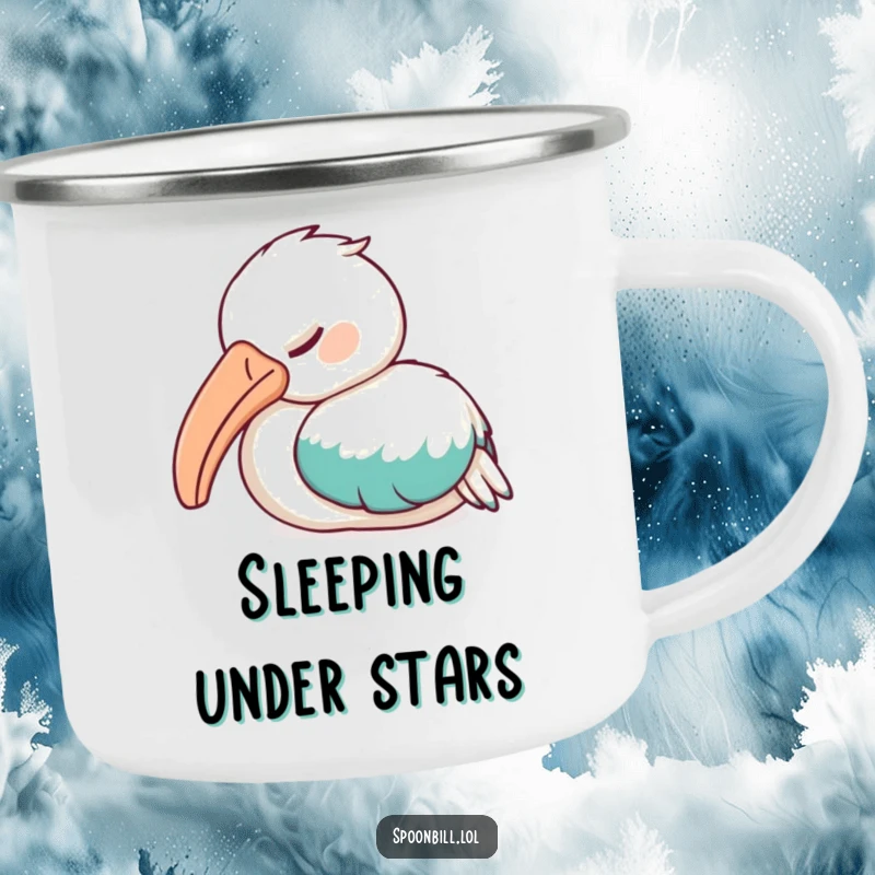 Funny Sleepy Spoonbill Bird Camping Mug showing a spoonbill bird napping soundly, perfect for relaxing outdoor moments and warm beverages.