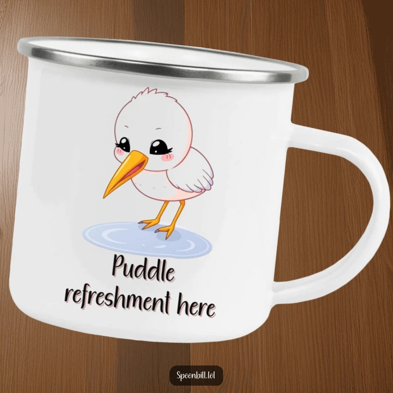 Funny spoonbill chick camping mug with a happy, round character with beak open delicately sipping from a puddle, a rugged and humorous beverage holder.