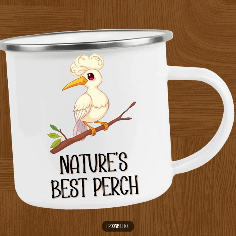Funny camping mug featuring a whimsical spoonbill bird with curly feathers precariously balancing on a twig. Durable and humorous for outdoor adventures.