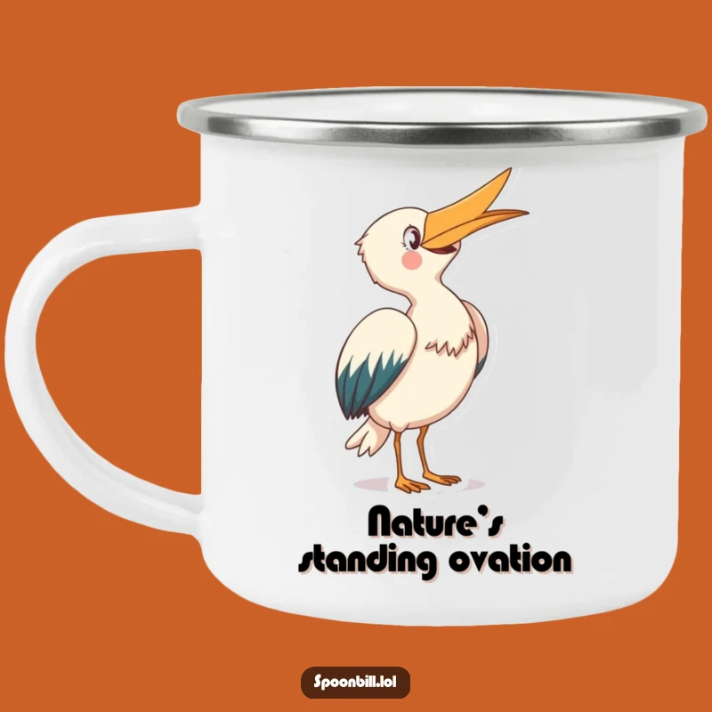 Funny Spoonbill Bowing Camping Mug: Durable Skyward Bird, Outdoor Cheer