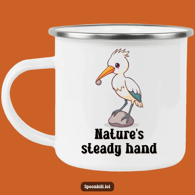 Determined Spoonbill Camping Mug: Funny Bird Balancing Stone for Unique Adventures!