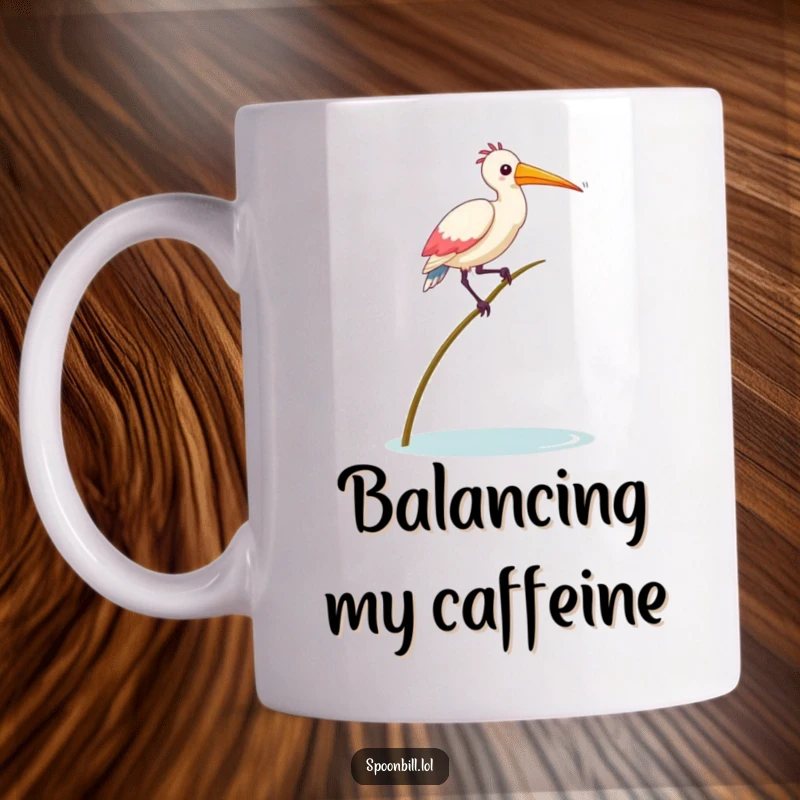 Funny Balancing Spoonbill Bird Mug showing a spoonbill bird precariously balancing on a thin reed, capturing a moment of silly equilibrium.
