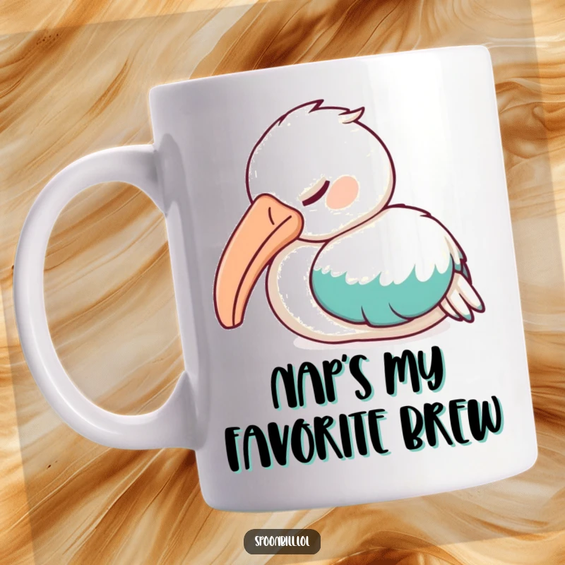Funny Sleepy Spoonbill Bird Mug showing a peaceful spoonbill bird napping soundly, beak tucked under its wing, radiating tranquility.