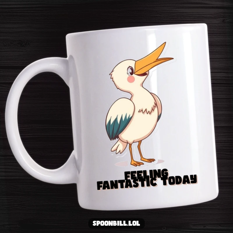 Funny Spoonbill Mug: A joyful creature with its distinctive beak pointed skyward takes a graceful bow, a humorous depiction of appreciation.