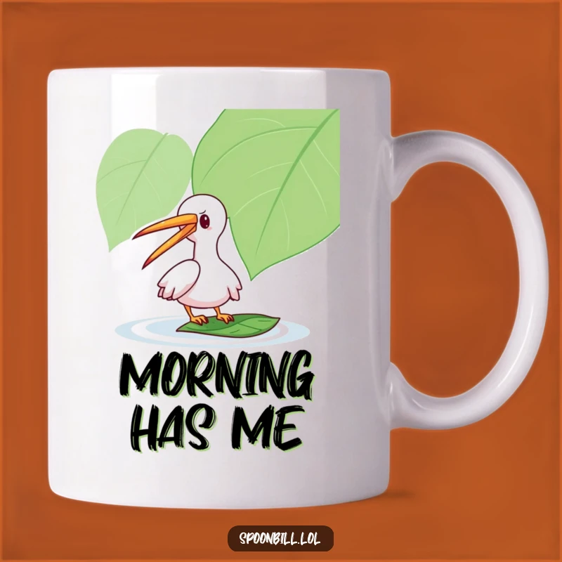 Funny Spoonbill Leaf Mug: Playful Bird Tapping Floating Leaf, Unique Gift