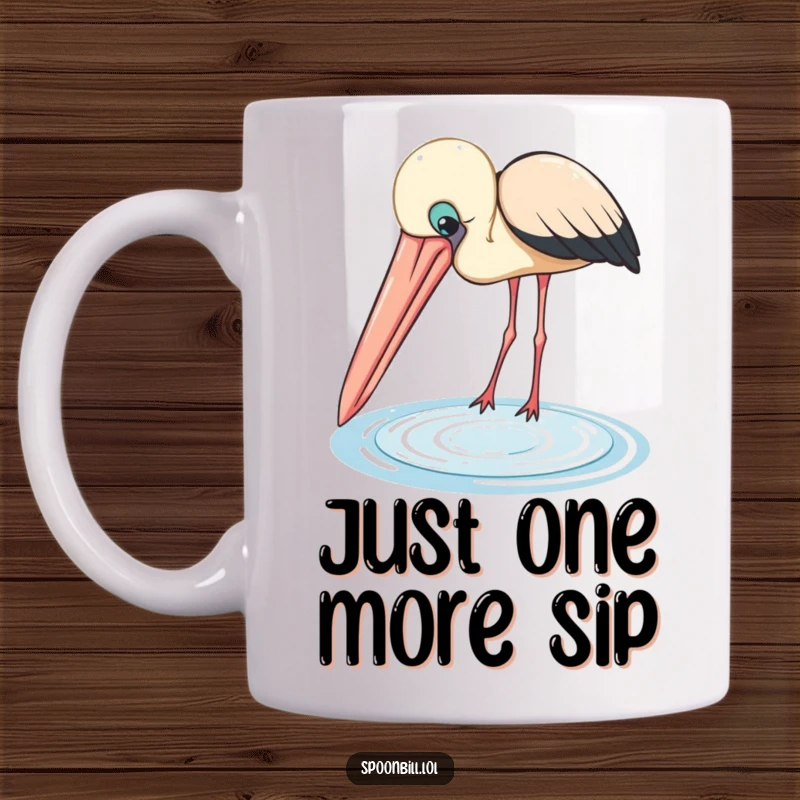 Funny Spoonbill Mug: A curious bird with a large beak peers thoughtfully into a small, shimmering pool, showcasing gentle curiosity and a humorous perspective.