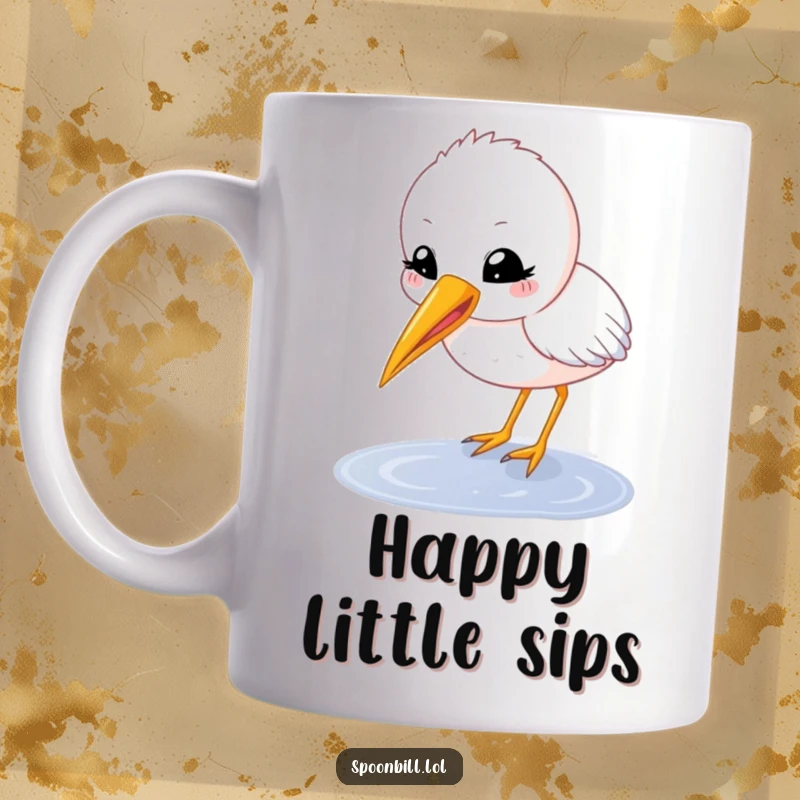 Funny spoonbill chick mug with a happy, round character with beak open delicately sipping from a puddle, conveying cuteness.