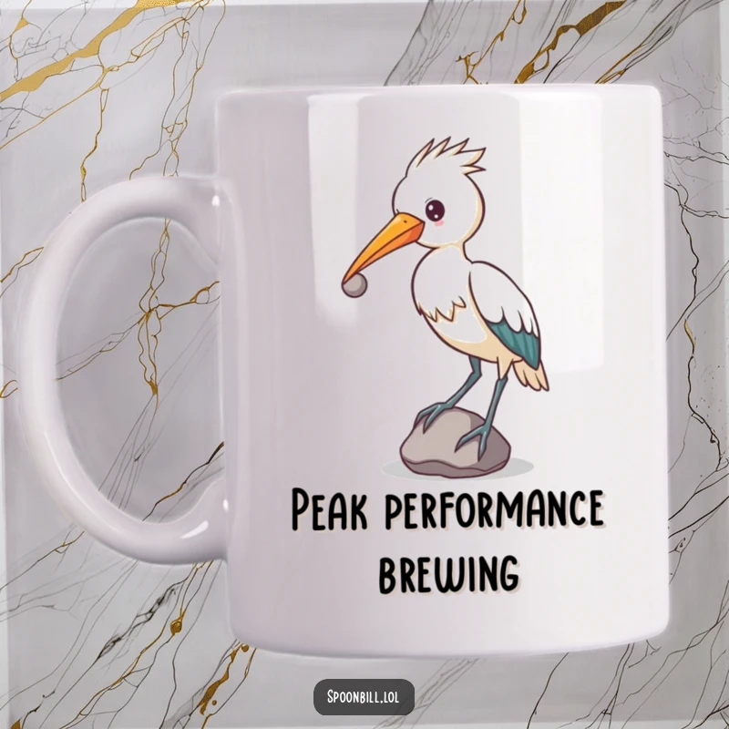Funny determined spoonbill bird balancing a small, round stone on its beak, perfect unique gift mug.