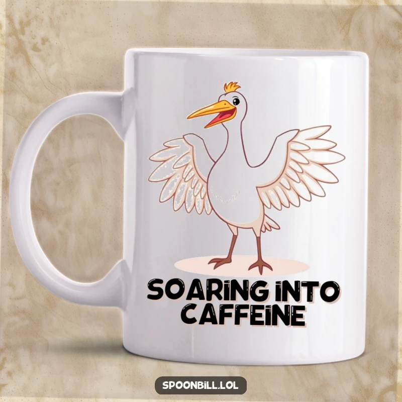 Funny mug featuring a happy spoonbill bird majestically stretching its wings wide open in the warm sunlight. Conveys a sense of freedom and joy.