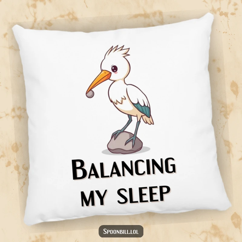 Funny determined spoonbill bird balancing a small, round stone on its beak, soft pillow for unique comfort.