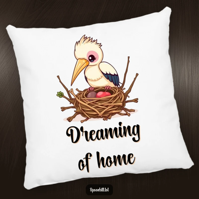 Funny Busy Spoonbill Bird Pillow depicting a spoonbill bird working on a nest, offering comfort and a humorous nod to productivity.