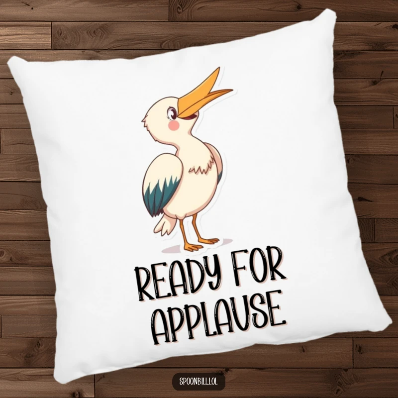 Funny Spoonbill Pillow: A joyful spoonbill creature bows gracefully with its beak pointed skyward, offering soft, humorous comfort.