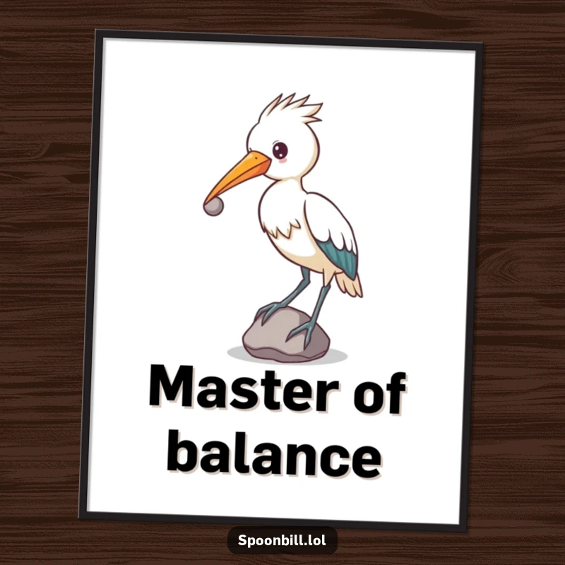 Funny determined spoonbill bird balancing a small, round stone on its beak, digital art print for unique decor.