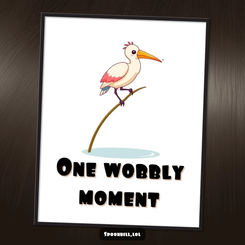 Funny Balancing Spoonbill Bird Digital Art Print of a spoonbill bird comically balancing on a reed, perfect for whimsical and humorous digital decor.