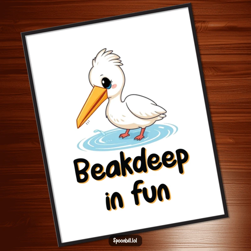 Funny digital art print of a cheerful spoonbill bird playfully dipping its beak into water. Perfect for adding playful and joyful decor.