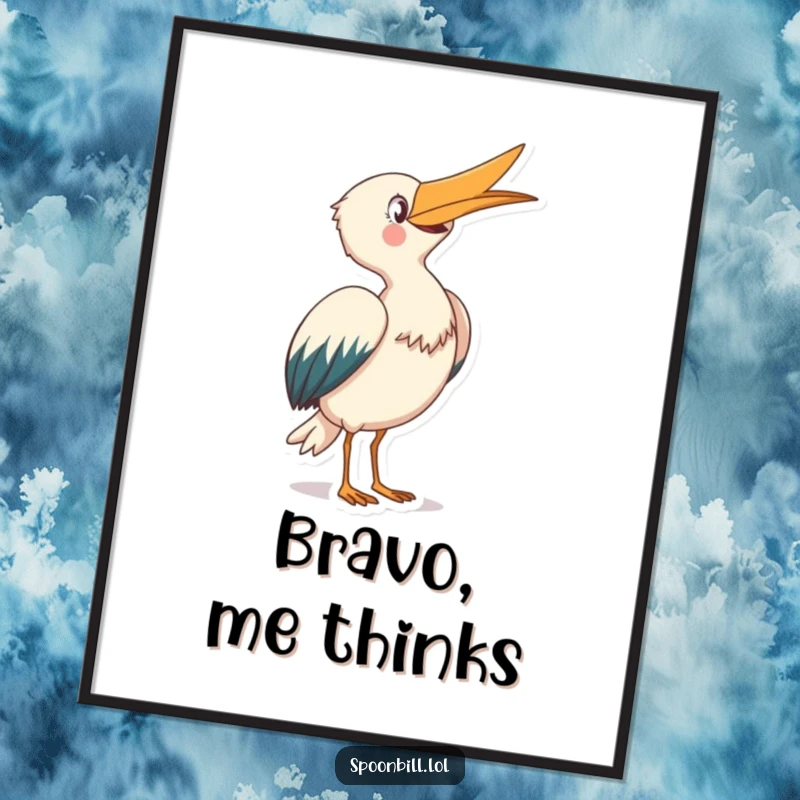 Funny Spoonbill Digital Art Print: A joyful spoonbill creature takes a graceful bow with its beak pointed skyward, offering instant humorous decor.