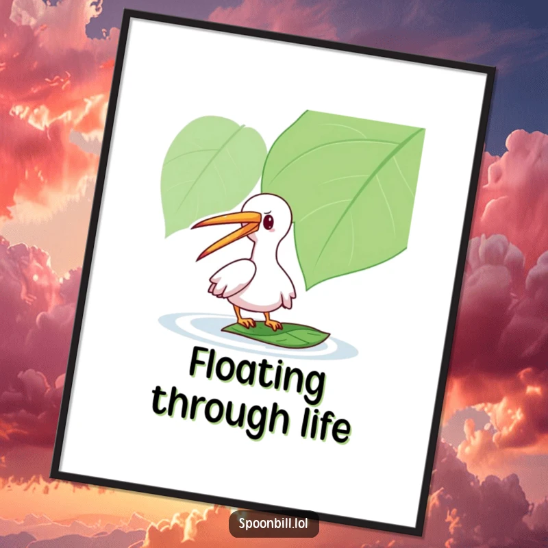 Funny Spoonbill Digital Art Print: A playful spoonbill character taps a floating leaf with its long beak, offering instant humorous decor.