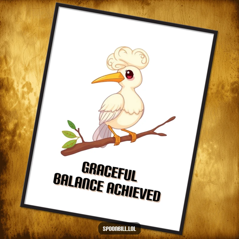 Funny digital art print of a whimsical spoonbill bird with curly feathers, humorously balancing on a twig. Perfect for quirky, humorous home decor.