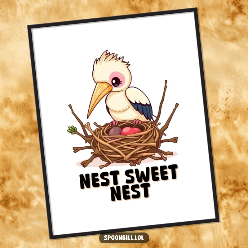 Funny Busy Spoonbill Bird Digital Art Print of a spoonbill bird building a nest, symbolizing dedication and craftsmanship for digital decor.
