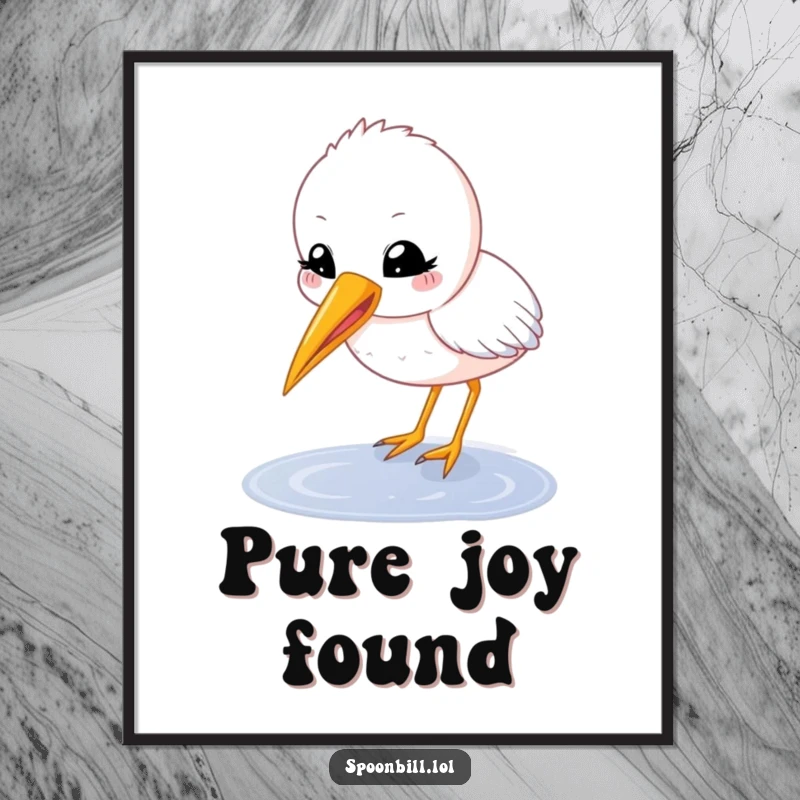 Funny spoonbill chick digital art featuring a happy, round character with beak open delicately sipping from a puddle, a cute and downloadable illustration.