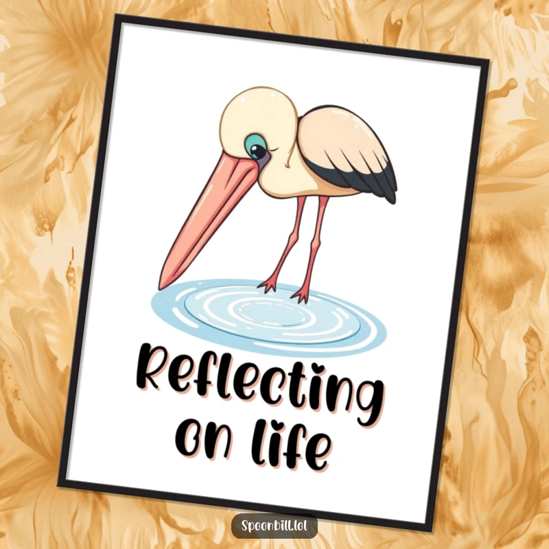 Funny Spoonbill Digital Art Print: A curious bird with a large beak peers into a shimmering pool, offering instant humorous wall decor.