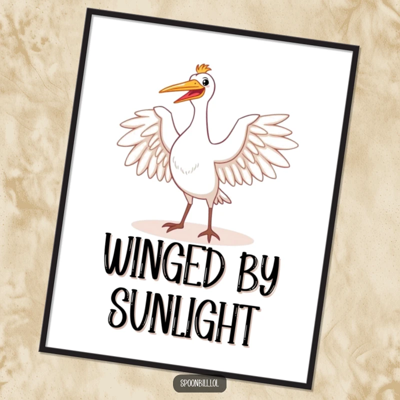 Funny digital art print of a happy spoonbill bird majestically stretching its wings in the sun. Perfect for adding majestic and joyful decor.