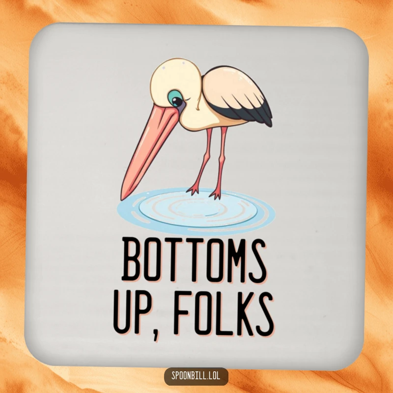 Funny Spoonbill Drink Coaster: A curious bird with a large beak peers into a small pool, protecting surfaces with humorous charm.