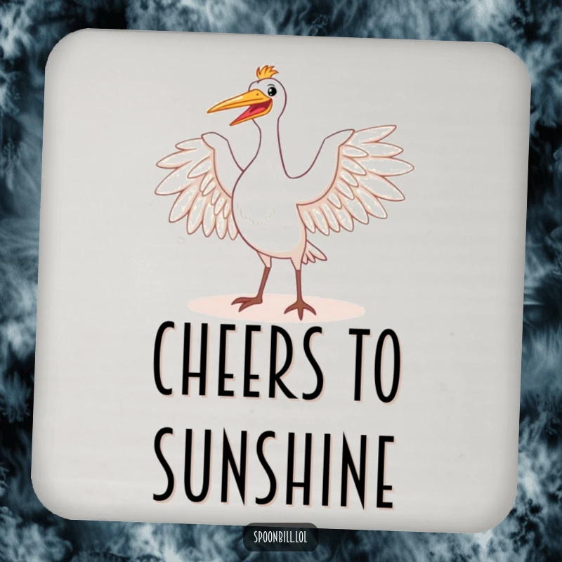 Funny drink coaster featuring a happy spoonbill bird majestically stretching its wings in the sun. Protects furniture with a charming and uplifting design.