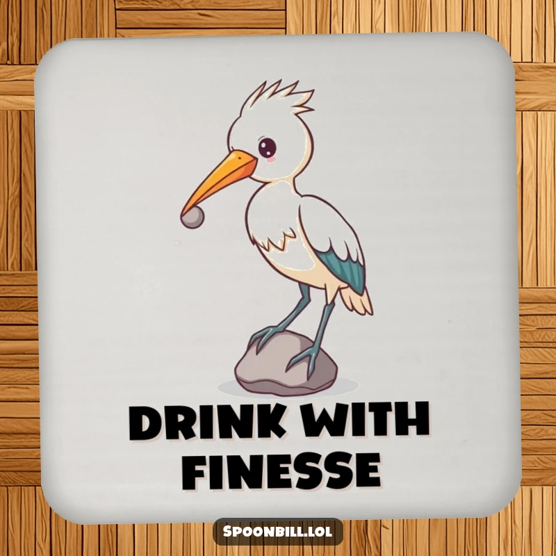 Funny determined spoonbill bird balancing a small, round stone on its beak, protective coaster for unique protection.