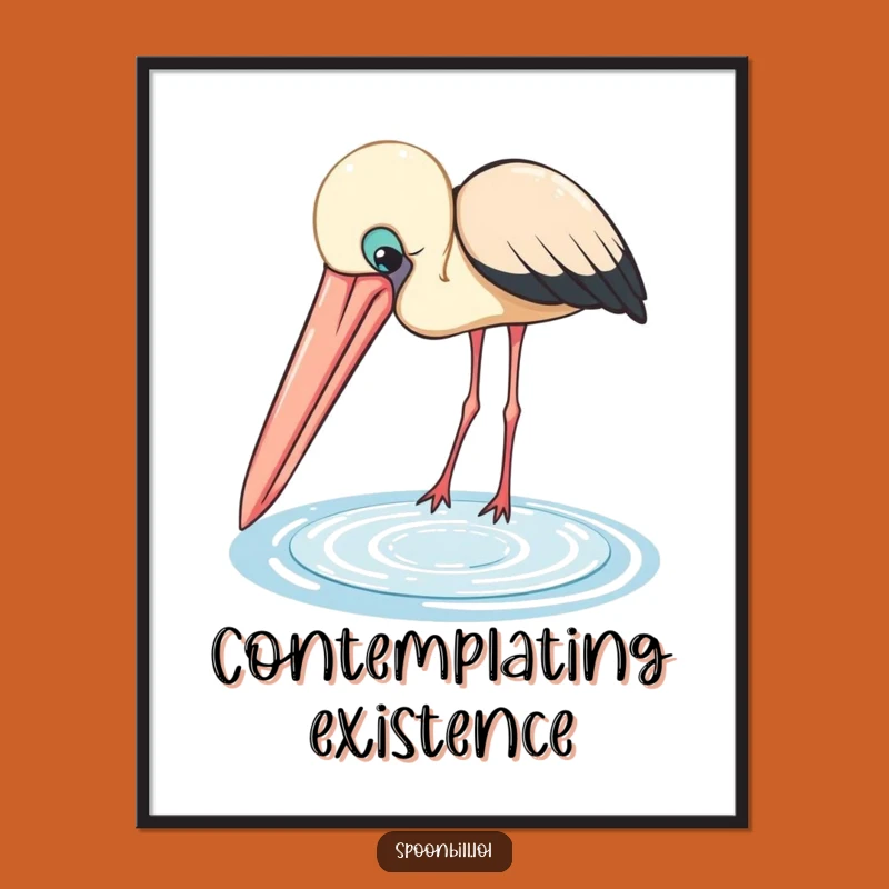 Funny Spoonbill Poster: Artistic Bird with Big Beak Peering into Pool, Wall Decor