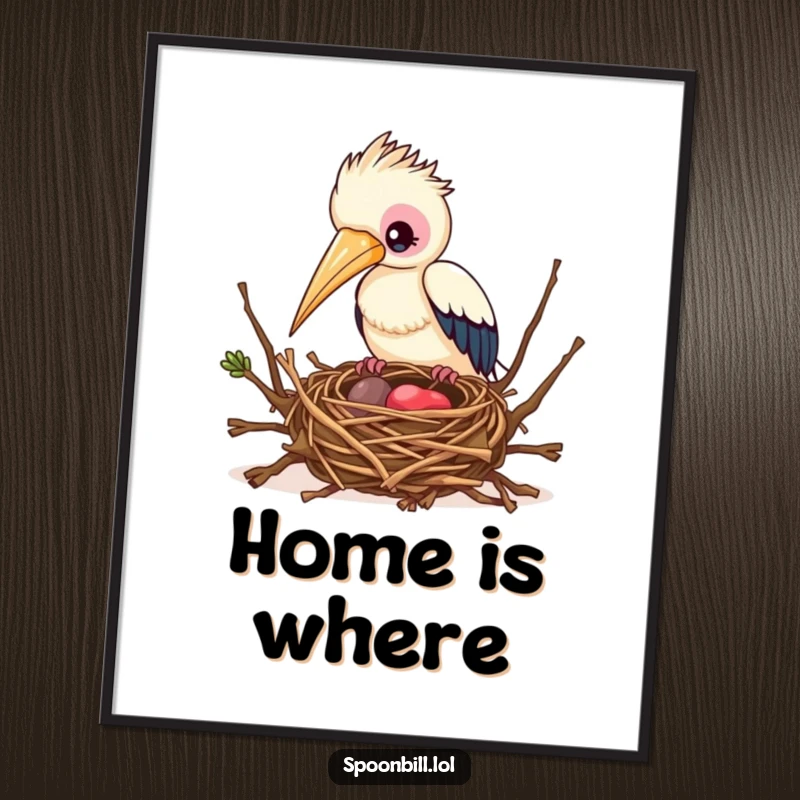 Funny Busy Spoonbill Bird Poster featuring a spoonbill bird meticulously building a nest, symbolizing hard work and creative artistry.