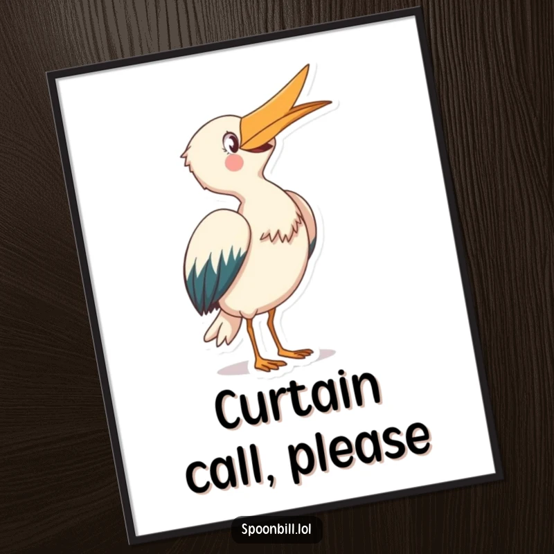 Funny Spoonbill Poster: A joyful creature bows gracefully with its beak skyward, a humorous and elegant piece of wall art.