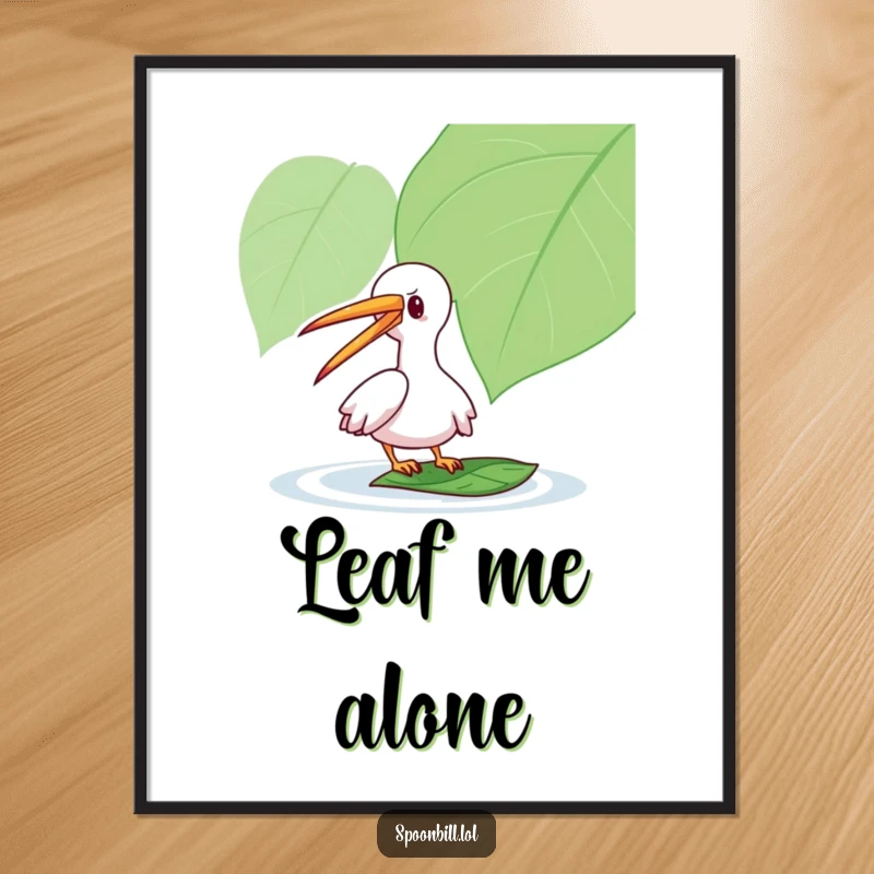 Funny Spoonbill Poster: A playful spoonbill character taps a floating leaf with its long beak, a humorous and whimsical piece of wall art.