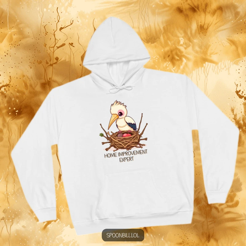 Funny Busy Spoonbill Bird Hoodie featuring a spoonbill bird actively building a nest, symbolizing focus and productive warmth.