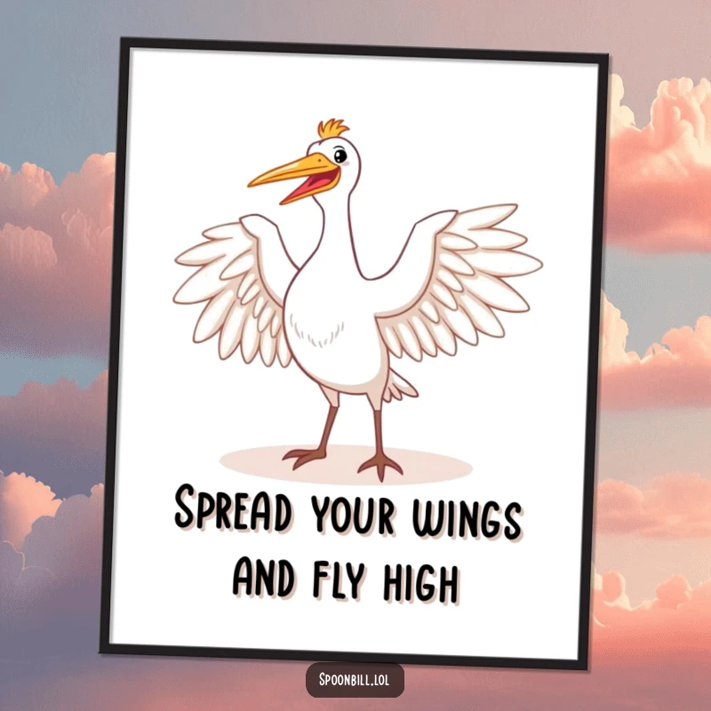 Funny Free Printable Wall Art: Happy spoonbill bird majestically stretching its wings in the sun, a humorous piece of downloadable art.