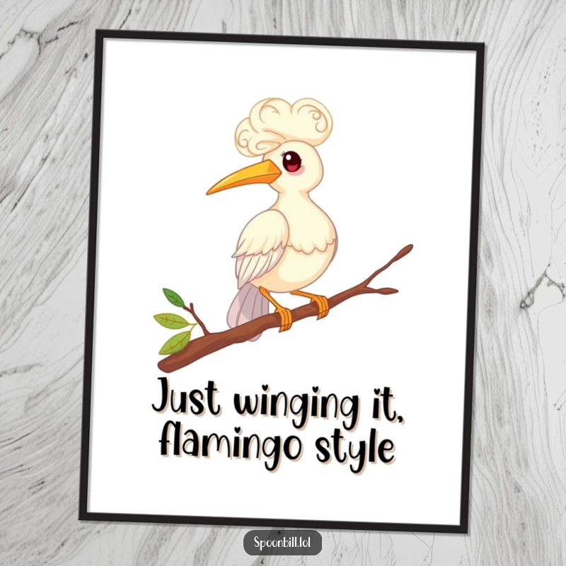 Funny Free Printable Wall Art: Whimsical spoonbill bird with curly feathers balancing on a twig, a hilarious piece of downloadable art for your wall.