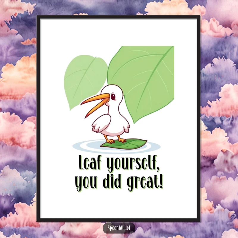 Funny Free Printable Wall Art: Playful spoonbill character with a long beak gently tapping a floating leaf, creating serene decor.