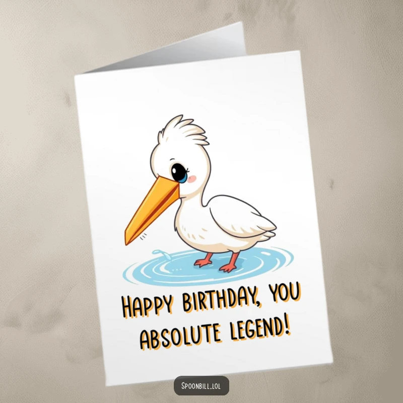 Funny Free Printable Birthday Card: Cheerful spoonbill bird playfully dipping its beak into water, spreading birthday joy and laughter.
